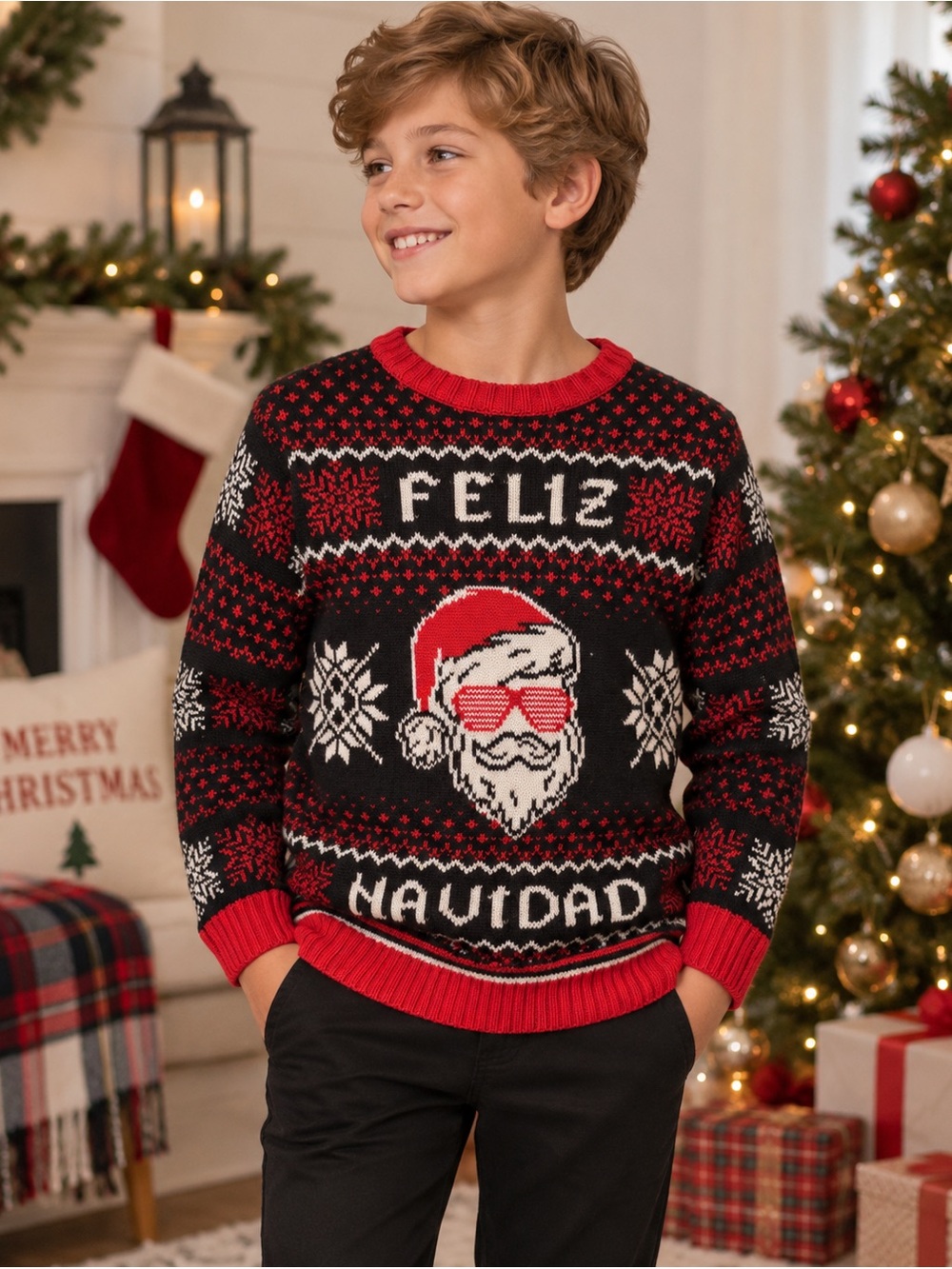 Holiday Time Feliz Navidad Santa Ugly Christmas Sweater Kids L 10-12 Black Red